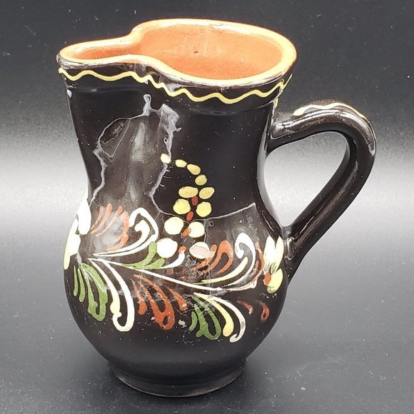 HUNGARIAN Redware Hand Painted Brown Floral Beige Green Glazed Handled Pitcher - Picture 6 of 11